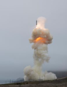 A long-range Ground-Based Interceptor (GBI) is launched from Vandenberg Air Force Base, Calif. In a flight test of a three-stage booster rocket operating in a two-stage mode. (Photo: Missile Defense Agency)