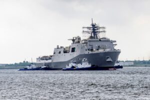 The San Antonio-class amphibious transport dock ship future USS Fort Lauderdale (LPD-28) was launched at the Huntington Ingalls Industries’ [HII] Ingalls Shipbuilding Division in Pascagoula, Miss in March 2020 (Photo: U.S. Navy by Huntington Ingalls Industries).