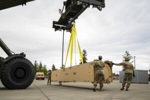 The delivery of the first prototype hypersonic hardware to Soldiers of the 5th Battalion, 3rd Field Artillery Regiment, 17th Field Artillery Brigade is completed on Oct. 7, 2021, with a ceremony at Joint Base Lewis-McChord, Wash. (U.S. Army photo by Spc. Karleshia Gater)