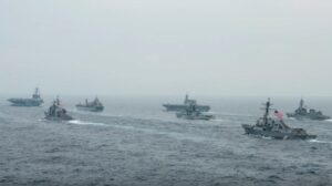 USS Carl Vinson (CVN-70), USS Lake Champlain (CG-57), HMAS Sirius (O 266), JS Kaga (DDH 184), INS Ranvijay (D55), USS Stockdale (DDG-106) and JS Murasame (DD 101) transit the Bay of Bengal as part of MALABAR 2021 on Oct. 12, 2021. (Photo: U.S. Navy by MC2 Russell Lindsey)