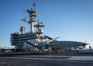 The MQ-25 Stingray test asset, T-1, conducts deck handling maneuvers on Dec. 12 while underway aboard USS George H.W. Bush (CVN-77), the first testing of the MQ-25 model at sea. (Photo: U.S. Navy)