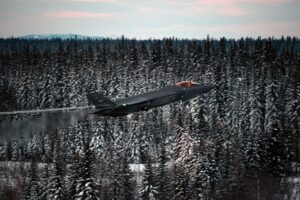 An F-35A Lightning II, assigned to the 354th Fighter Wing takes off during Arctic Gold 22-1 at Eielson AFB, Alaska on Jan. 12, 2022. (U.S. Air Force Photo)