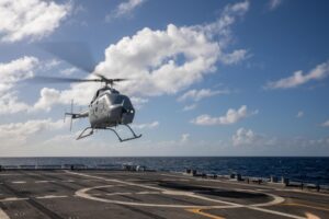An MQ-8C Fire Scout attached to the Helicopter Sea Combat Squadron (HSC) 22, Detachment 5, takes off from the flight deck of the Freedom-variant littoral combat ship USS Milwaukee (LCS-5) on while it is in the Caribbean Sea on Jan. 6, 2022. (Photo: U.S. Navy by Mass Communication Specialist 2nd Class Danielle Baker/Released)