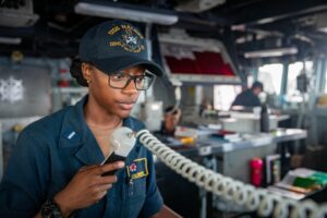 Lt. j.g. Patricia Walker executes duties as Officer of the Deck under instruction aboard the Arleigh Burke-class guided-missile destroyer USS Halsey (DDG-97) on June 15, 2021, while the ship was attached to Commander, Task Force 70/Carrier Strike Group 5 conducting underway operations in the Indo-Pacific region. (Photo: U.S. Navy by Mass Communication Specialist 3rd Class Jaimar Carson Bondurant)