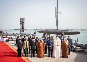 Prince Salman bin Hamad Al-Khalifa, Crown Prince and Deputy Supreme Commander and Prime Minister of Bahrain, front center; Vice Adm. Brad Cooper, commander of U.S. Naval Forces Central Command, U.S. 5th Fleet and Combined Maritime Forces, left of previous; and Maggie Nardi, charge d’affaires, U.S. Embassy to Bahrain, left of previous, pose for a photo with U.S. and Bahrain officials at Naval Support Activity (NSA) Bahrain as International Maritime Exercise (IMX) 2022 begins on Jan. 31, 2022. (Photo: U.S. Navy by Mass Communication Specialist 1st Class Mark Thomas Mahmod)