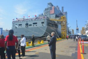 The newest ship in the Military Sealift Command, fleet replenishment oiler USNS John Lewis (T-AO 205), was christened during a ceremony at the General Dynamics NASSCO shipyard in San Diego, Calif. on July 17, 2021. (Photo: Military Sealift Command)