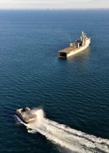 The Ship to Shore Connector (SSC), Landing Craft, Air Cushion (LCAC) next generation landing craft successfully completed well deck interoperability testing with USS Carter Hall (LSD-50) in February 2022. (Photo: U.S. Navy).