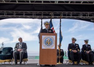 Vice Adm. Steve Koehler, Commander of U.S. 3rd Fleet, gives remarks during the Ghost Fleet Overlord Transition Ceremony from the Strategic Capabilities Office to the Navy at Naval Base San Diego, March 3, 2022. (Photo: U.S. Navy by Mass Communication Specialist 2nd Class Kevin C. Leitner)