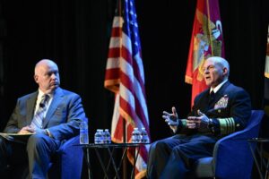 Chief of Naval Operations (CNO) Adm. Mike Gilday (right) speaks during the Navy League’s Sea-Air-Space 2022 Exposition Opening Ceremony. (Photo: U.S. Navy by Mass Communication Specialist 2nd Class Nick Boris/Released)