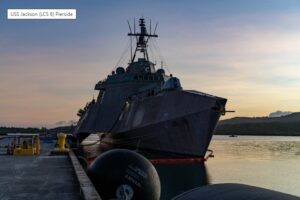 The Independence-variant littoral combat ship USS Jackson (LCS-6) pierside during routine operations in Guam on Dec. 4, 2021.(Photo: U.S. Navy by Mass Communication Specialist 3rd Class Andrew Langholf/released)