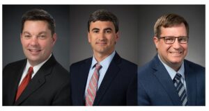 Three HII Newport News Shipbuilding officials who received promotions on July 20, 2022 as the company seeks to optimize shipyard operations. From left to right: Matt Needy, now vice president and chief transformation officer; Bryan Caccavale is now vice president of Navy programs; and Cullen Glass is now vice president of supply chain management. (Photos: HII)