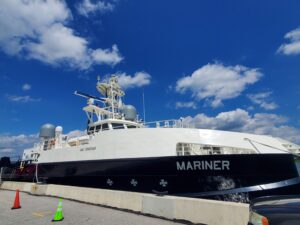 The Mariner Ghost Fleet overlord Unmanned Surface Vessel moored at the U.S. Naval Academy in Annapolis, Md. on Aug. 22, 2022. The vessel is expected to join its sister ships in San Diego, Calif. In fiscal year 2023. (Photo: Richard Abott, Defense Daily)