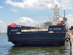 Rear view of the Mariner Ghost Fleet Overlord Unmanned Surface Vessel moored at the U.S. Naval Academy in Annapolis, Md. on Aug. 22, 2022. (Photo: Richard Abott, Defense Daily)