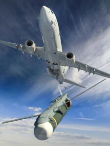 An illustration of a High Altitude Anti-Submarine Warfare Weapon Capability, or HAAWC, deployed from a Boeing P-8A Poseidon multi-mission maritime patrol aircraft. (Artist’s rendering: Boeing)