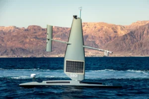 A Saildrone Explorer unmanned surface vessel sails in the Gulf of Aqaba on on Feb. 9, 2022 during International Maritime Exercise/Cutlass Express, the largest multinational training event in the Middle East. (Photo: U.S. Navy by Mass Communication Specialist 2nd Class Dawson Roth)
