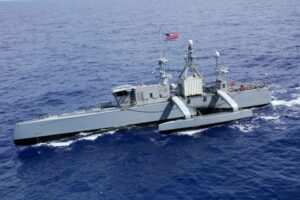 Medium displacement unmanned surface vessel Sea Hunter sails in formation during Rim of the Pacific (RIMPAC) 2022 on July 28. (Photo: U.S. Navy by Mass Communication Specialist 3rd Class Aleksandr Freutel)