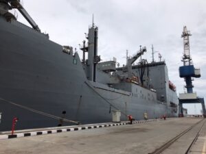 The Lewis and Clark-class dry cargo ship USNS Charles Drew (T-AKE 10) moors pierside in L&T Shipyard in Kattupalli, near Chennai, India on Aug. 7, 2022 for scheduled maintenance. (Photo: U.S. Navy by Joel Garcia)