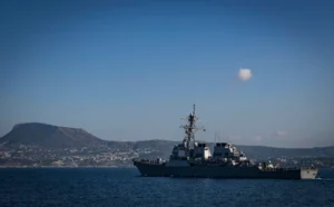The Arleigh Burke-class guided-missile destroyer USS Ross (DDG-71) departs Souda Bay, Greece, following a scheduled port visit on Nov. 5, 2018 while the ship was forward-deployed to Rota, Spain. (Photo: U.S. Navy by Mass Communication Specialist 1st Class Ryan U. Kledzik/Released)