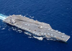 The USS Gerald R. Ford's (CVN 78) steams through the Atlantic Ocean on April 13, 2022, underway conducting carrier qualifications and strike group integration prior to operational deployment. (Photo: U.S. Navy by Mass Communication Specialist 2nd Class Riley McDowell)