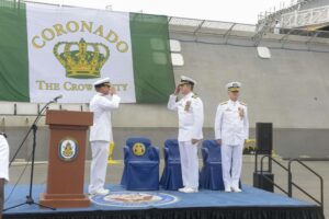 Capt. Marc Crawford, center, commodore of Littoral Combat Ship Squadron ONE, gives the order to decommission Independence-variant littoral combat ship USS Coronado (LCS- 4) during a decommissioning ceremony on Sept. 14, 2022. (Photo: U.S. Navy by Mass Communication Specialist 2nd Class Vance Hand)