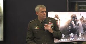Lt. Gen. Jonathan Braga, U.S. Army Special Operations Forces commander during an AUSA 20222 Warriors Corner event: Special Operations, Space, and Cyber Operations: A Modern-Day Triad. (Image: Screencap of a video via U.S. Army Chief of Public Affairs)