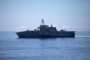 The Independence-variant littoral combat ship USS Jackson (LCS-6) transits the Pacific Ocean on Oct. 18, 2021 on a rotation deployment with Destroyer Squadron Seven in the 7th Fleet area of operations. (Photo: U.S. Navy by Mass Communication Specialist 1st Class Devin M. Langer)