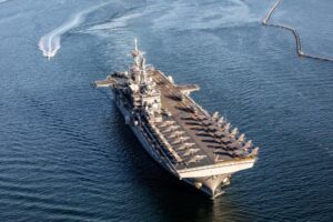 Amphibious assault ship USS Tripoli (LHA-7) departs Naval Air Station North Island, Calif., April 7, 2022, with 20 F-35B Lightning II jets from Marine Fighter Attack Squadrons 211 and 225, Marine Aircraft Group 13, and 3rd Marine Aircraft Wing, as well as Marine Operational Test and Evaluation Squadron 1, as part of the U.S. Marine Corps’ Lightning carrier concept demonstration. (Photo: U.S. Marine Corps by Sgt. Samuel Ruiz)