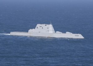 Guided-missile destroyer USS Zumwalt (DDG-1000) sails through the Pacific Ocean onApril 13, 2022 while underway in the U.S. 3rd Fleet. (Photo: U.S. Navy by Mass Communication Specialist 3rd Class Christopher Sypert)
