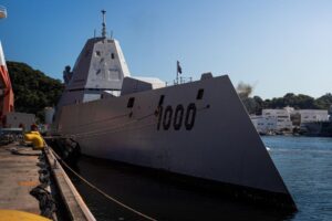The guided-missile destroyer USS Zumwalt (DDG-1000) arrives at Commander, Fleet Activities Yokosuka (CFAY) for a scheduled port visit in September 2022 while operating in the U.S. 7th Fleet area of operations. (Photo: U.S Navy by Seaman Darren Cordoviz)