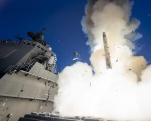 The Japanese Aegis-equipped guided-missile destroyer JS Maya (DDG-179) fires an SM-3 Block IIA missile against a T4-E target mimicking a medium-range ballistic missile (MRBM) on November 16, 2022 in a U.S.-Japan joint test off the coast of Hawaii. (Photo: Japan Maritime Self-Defense Force)