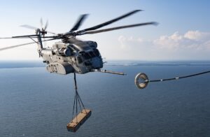 A CH-53K flies an aerial refueling test in September, 2020 from Naval Air Station Patuxent River, MD (Department of the Navy Photo)