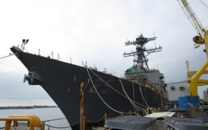 The future USS Jack H. Lucas (DDG-125) after it achieved Aegis Light Off, marking the start of the ship’s combat systems test program before sea trials in January 2022. (Photo: U.S. Navy)