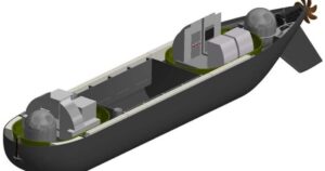 Concept design with cutout showing components for the U.K. Royal Navy’s Project Cetus experimental 39-foot autonomous uncrewed submarine due to be delivered in 2024. (Image: U.K. Royal Navy)