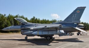 An F-16 from the 85th Test and Evaluation squadron sits on the ramp at Eglin AFB, Fla. on October 2, 2019 with a JASSM-ER missile before an operational test (Photo: U.S. Air Force)