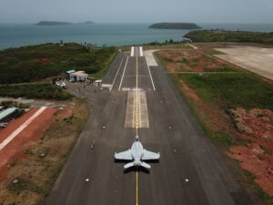 A Boeing F/A-18 Super Hornet successfully completed operational demonstration tests at Indian Naval Station Hansa in Goa, India in Jul 2022, proving its ability to operate off Indian Navy aircraft carriers in a ski jump configuration (Photo: Indian Navy via Boeing)