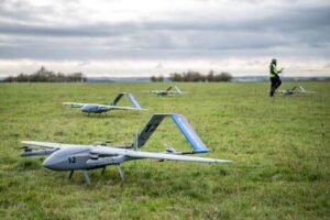 Blue Bear Ghost unmanned aerial vehicles (UAVs) being used in an April 29, 2023 AUKUS Pillar II artificial intelligence.autonomy systems demonstration in Upavon in Wiltshire, UK. (Photo: U.K. Ministry of Defence)