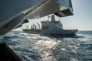 The Henry J. Kaiser-class underway replenishment oiler USNS Tippecanoe (T-AO 199) conducts a replenishment-at-sea with the aircraft carrier USS Nimitz (CVN-68) in May 2023 in the Pacific Ocean. (Photo: U.S. Navy by Mass Communication Specialist 2nd Class Samuel Osborn)