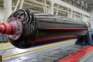 Northrop Grumman successfully manufactured the first set of solid rocket motor cases (one segment pictured) for the Missile Defense Agency’s Next-Generation Interceptor program in 2023. (Photo: Northrop Grumman)