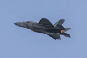 U.S. Marine Corps Maj. Zachary Ybarra, F-35B Lightning II pilot, Marine Fighter Attack Training Squadron (VMFAT) 501, Marine Aircraft Group (MAG) 31, 2nd Marine Aircraft Wing (MAW), performs aerial maneuvers during an airshow demonstration practice at Marine Corps Air Station Beaufort, South Carolina, Aug. 21, 2023. (Photo: U.S. Marine Corps by Lance Cpl. Kyle Baskin)