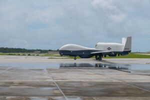 An MQ-4C Triton Unmanned Aircraft System (UAS) assigned to Unmanned Patrol Squadron 19 (VUP-19), taxis after landing on Andersen Air Force Base. VUP-19 will operate and maintain aircraft in Guam as part of the MQ-4C’s initial operational capability (IOC) in the aircraft’s second deployment after returning to Guam in mid-September 2024. (Photo: U.S. Navy)