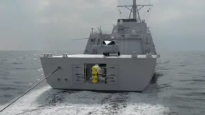 Graphic representation of a Thales Advanced Acoustic Concepts Combined Active Passive Towed Array Sonar (CAPTAS-4) variable-depth sonar transmitter being deployed from a future Constellation-class frigate. (Image: Thales)