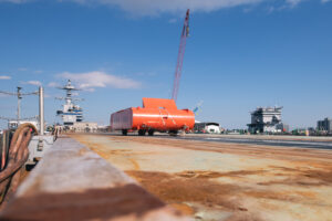 HII’s Newport News Shipbuilding division starts topside testing of the electromagnetic aircraft launch system (EMALS) on aircraft carrier John F. Kennedy (CVN-79) in February 2024. (Photo: Ashley Cowan/HII).
