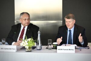 Secretary of the Navy Carlos Del Toro (Left) announced the formation of the Department of the Navy Maritime Economic Deterrence Executive Council (MEDEC) during a panel discussion hosted by the Aspen Institute in New York City, Feb. 22, 2024. MEDEC is co-chaired by Principal Military Deputy to the Assistant Secretary of the Navy for Research, Development, and Acquisition (RD&A), Vice Admiral Francis Morley (Right) (Photo: U.S. Navy)