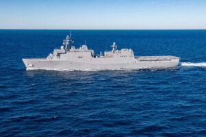 The future USS Richard M. McCool Jr. (LPD_29_ amphibious transport dock ship, the last Flight 1 version, conducting acceptance trials in the Gulf of Mexico in February 2024. (Photo: HII)