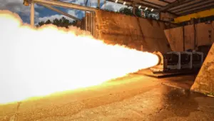 Zeus 2 solid rocket motor undergoing hot-fire test. Photo: L3Harris Technologies