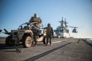 U.S. Marines assigned to Marine Medium Tiltrotor Squadron (VMM) 165 (Reinforced), 15th Marine Expeditionary Unit, search for nearby unmanned aerial system threats using a Light Marine Air Defense Integrated System aboard the amphibious assault ship USS Boxer (LHD-4) in the Pacific Ocean, Jan. 12, 2024. (Photo: U.S. Marine Corps by Cpl. Joseph Helms)