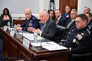Air Force Chief of Staff Gen. David Allvin, Secretary of the Air Force Frank Kendall and Chief of Space Operations Gen. Chance Saltzman testify on Apr. 30 before a House Appropriations defense subcommittee hearing on the Department of the Air Force's fiscal year 2025 budget request (U.S. Air Force Photo)