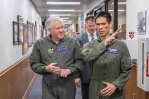 U.S. Air Force Col. James Valpiani, Air Force Test Pilot School commandant, provides final points of instruction to Air Force Secretary Frank Kendall before his front seat flight on the X-62A VISTA on May 2 (U.S. Air Force Photo)