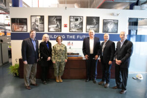 Chief of Naval Operations Adm. Lisa Franchetti, Rep. Donald Norcross (D-N.J.), and Rep. Mary Scanlon (D-Penn.) meet with leadership before touring the Philly Shipyard in Philadelphia, Penn. on Feb. 22. During the tour, Franchetti was briefed how the new National Security Multi-Mission Vessels (NSMVs) are being constructed on time and on budget, adding more ready players to the field. (Photo: U.S. Navy by Mass Communication Specialist 1st Class William Spears)
