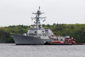 The future USS John Basilone (DDG-122) returns from acceptance trials conducted by General Dynamics Bath Iron Works personnel in the Gulf of Maine in May 2024 for the Navy’s Board of Inspection and Survey. (Photo: General Dynamics)